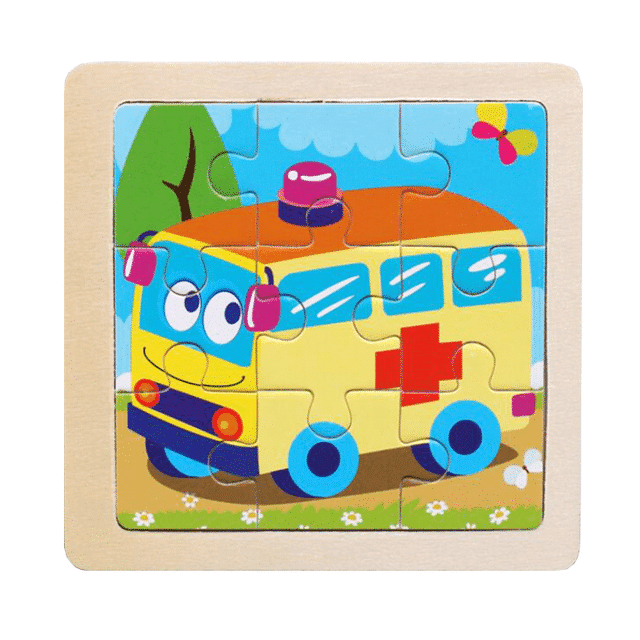 Puzzle Educativ din Lemn pentru Copii, Ambulanta, 9 Piese, 11x11x0.5 Cm, + 3 Ani - LUDIRO