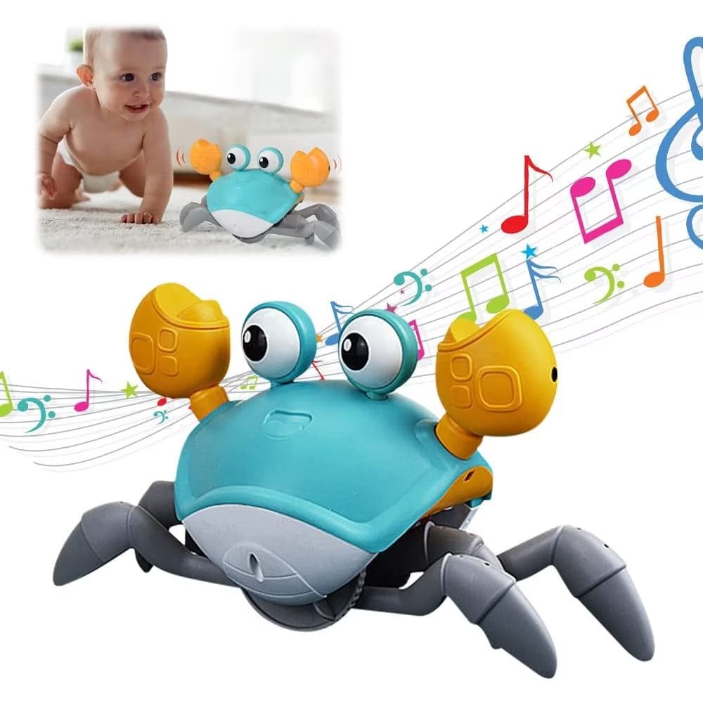 Resigilat - Jucarie Interactiva Bebelusi, Crab Care se Taraste, Muzica, Senzor de Obstacole, Stimuleaza Miscarea, Acumulator cu Incarcare USB, Albastru, 23x14x11 Cm, + 9 Luni - LUDIRO