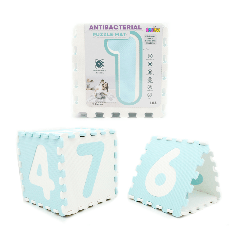 Covor Puzzle Antibacterian LUDIRO cu Cifre 1-9, 9 Piese 32x32 cm, Spuma EVA cu Ioni de Argint, Alb Bleu - LUDIRO