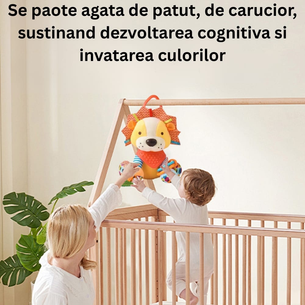 Jucărie de Pluș Interactivă Leu pentru Bebeluși, Senzorială, Dentiție, Agățătoare Cărucior și Pătuț, 0+ Luni - LUDIRO