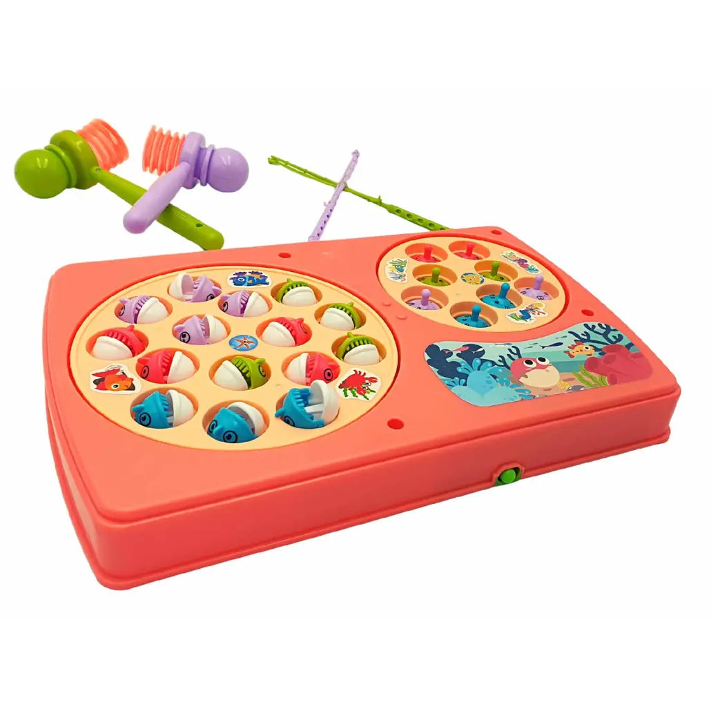 Set Interactiv 2 in 1, Joc Pescuit cu 15 Pestisori si 2 Undite, Joc Whack A Mole cu 8 Cartite si 2 Ciocanele, Cadru Rotativ, Sunete, 28x18x4 Cm, Roz, + 3 Ani - LUDIRO
