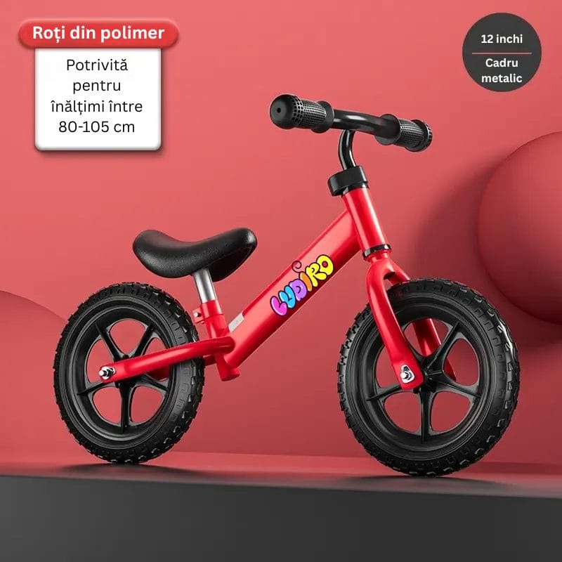 Bicicleta de Echilibru fara Pedale LUDIRO pentru Copii intre 2-5 Ani, Reglabila pe Inaltime, Rotire Ghidon 360 Grade, Roti din Polimer Antisoc Diametru 30 Cm, Cadru Metalic, Rosu - LUDIRO