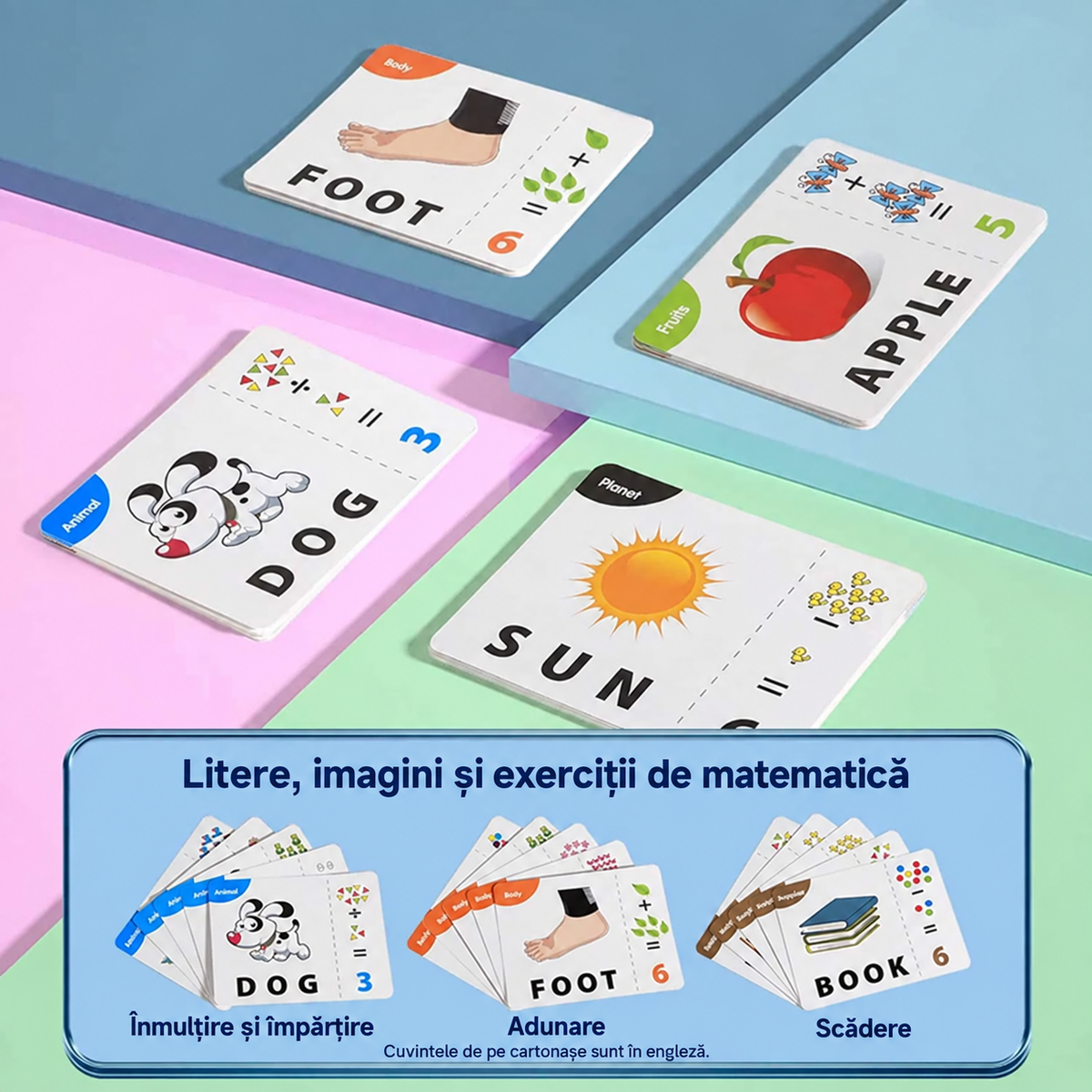 Cartonașe cu vocabular în engleză și exerciții matematice, explicate în română