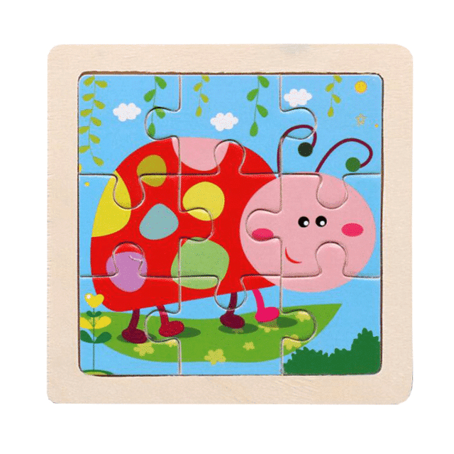 Puzzle Educativ din Lemn pentru Copii, Buburuza, 9 Piese, 11x11x0.5 Cm, + 3 Ani - LUDIRO