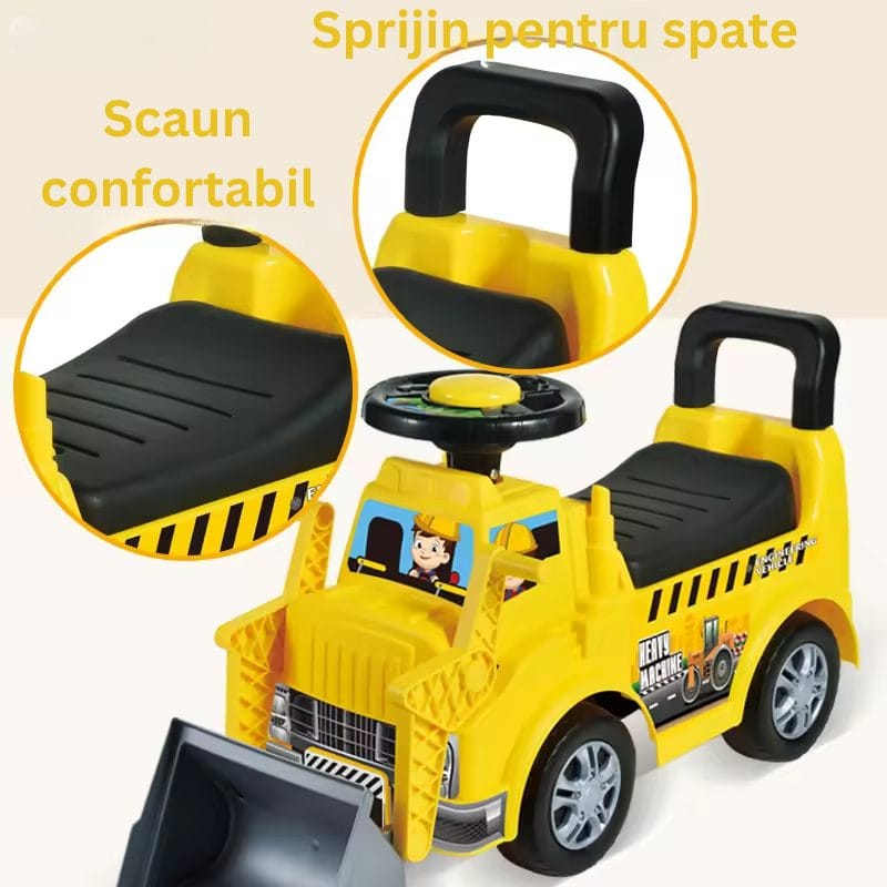 Buldozer Ride On pentru Copii, Cu Remorca, Volan si Claxon, Cupa de Carat Functionala, Scaun Confortabil, Sprijin pentru Spate, 65.5x37x22.5 Cm, +3 Ani, Galben Negru - LUDIRO