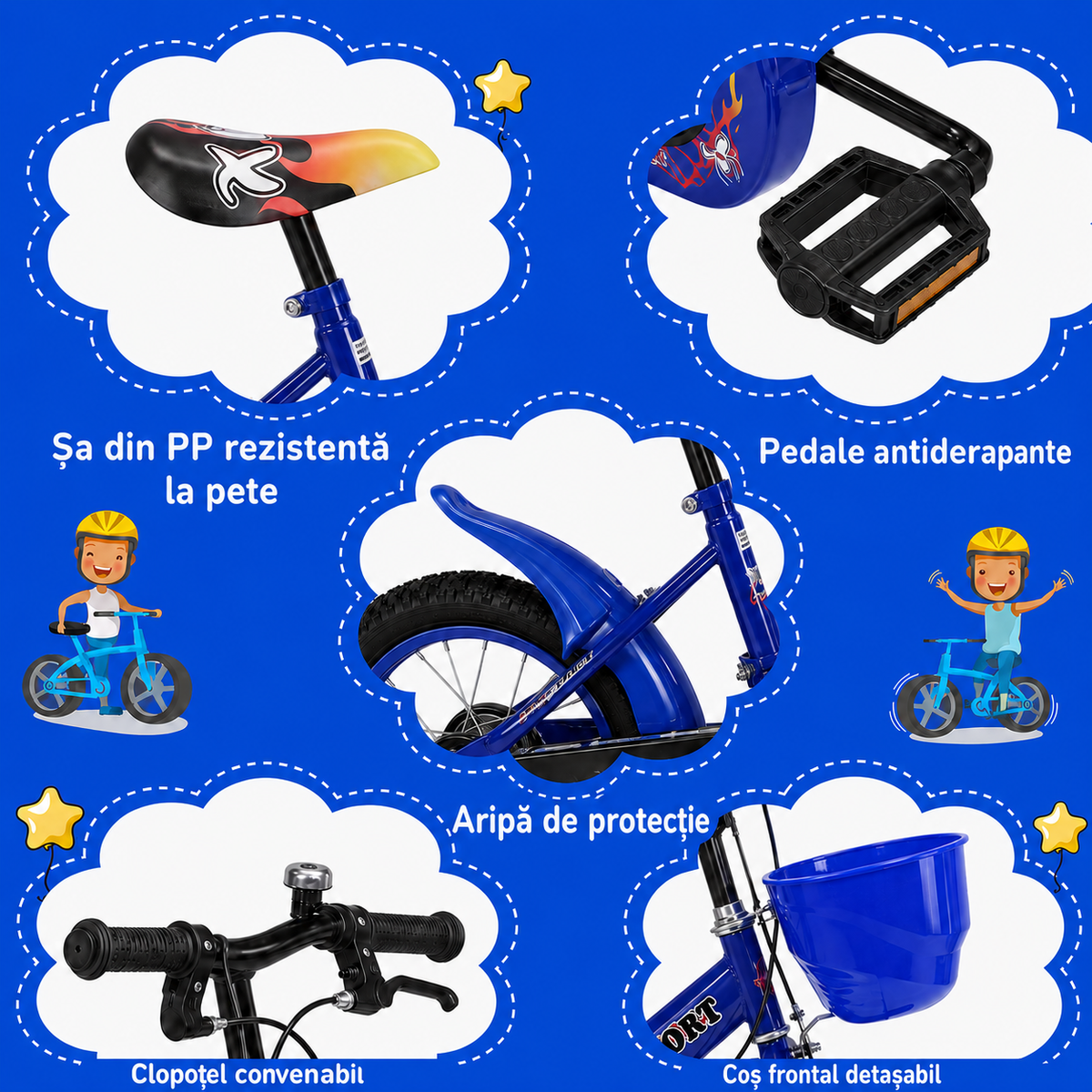 Resigilat - Bicicletă copii 12 inch Ludiro, albastră, cu roți ajutătoare detașabile, coș frontal și clopoțel, 2-5 ani - LUDIRO