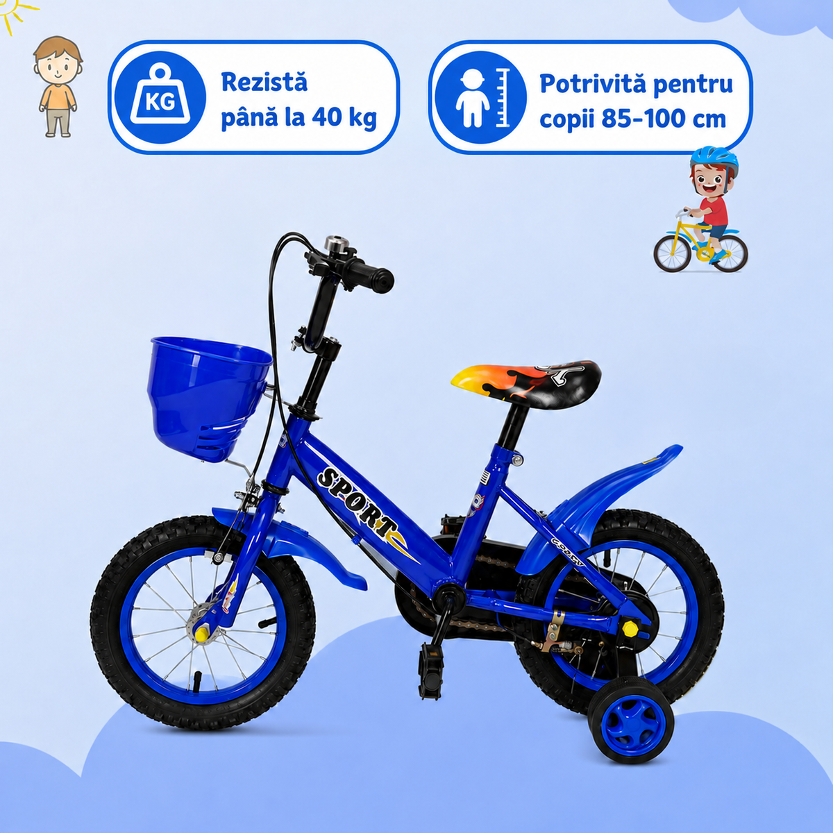 Resigilat - Bicicletă copii 12 inch Ludiro, albastră, cu roți ajutătoare detașabile, coș frontal și clopoțel, 2-5 ani - LUDIRO
