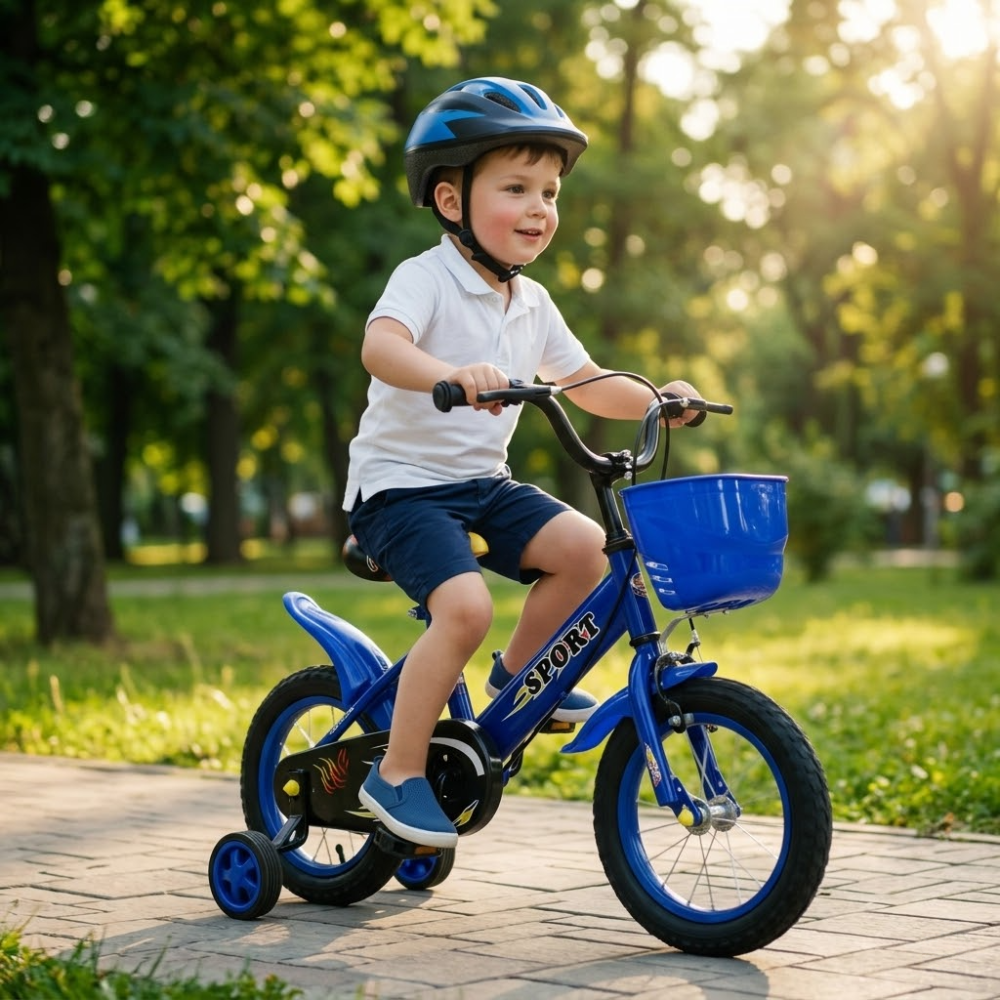 Resigilat - Bicicletă copii 12 inch Ludiro, albastră, cu roți ajutătoare detașabile, coș frontal și clopoțel, 2-5 ani - LUDIRO
