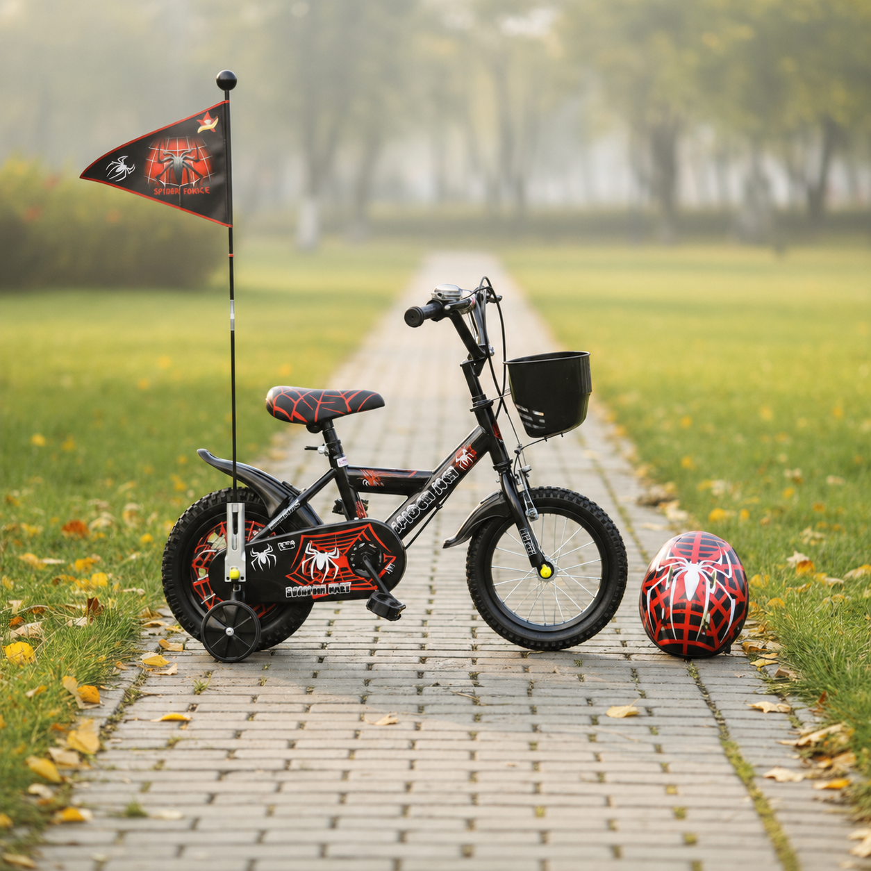 Bicicletă Copii 16 Inch Spider Net – Negru/Roșu, cu Cască și Steag, 4-8 Ani - LUDIRO