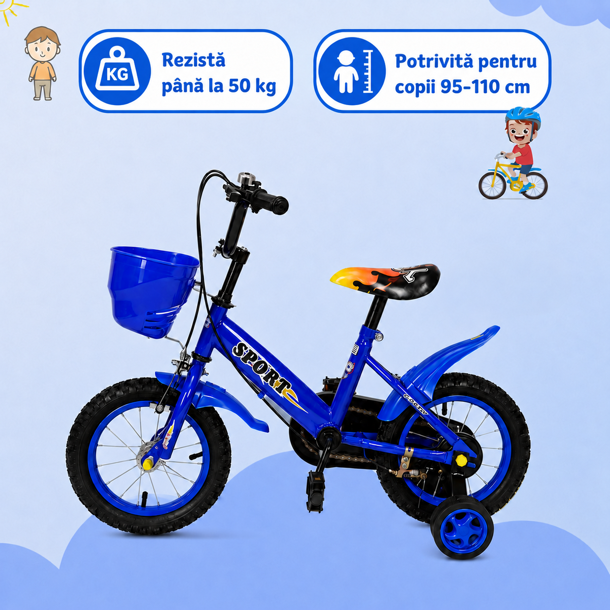 Bicicletă copii 14 inch Ludiro, albastră, cu roți ajutătoare detașabile, coș frontal și clopoțel, 3-6 ani - LUDIRO
