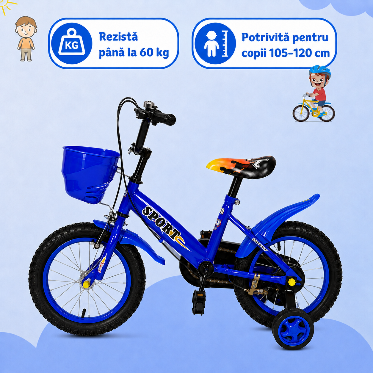 Bicicleta pentru Copii 16 Inch pentru 4–8 Ani, Albastra, cu Roti Ajutatoare - LUDIRO