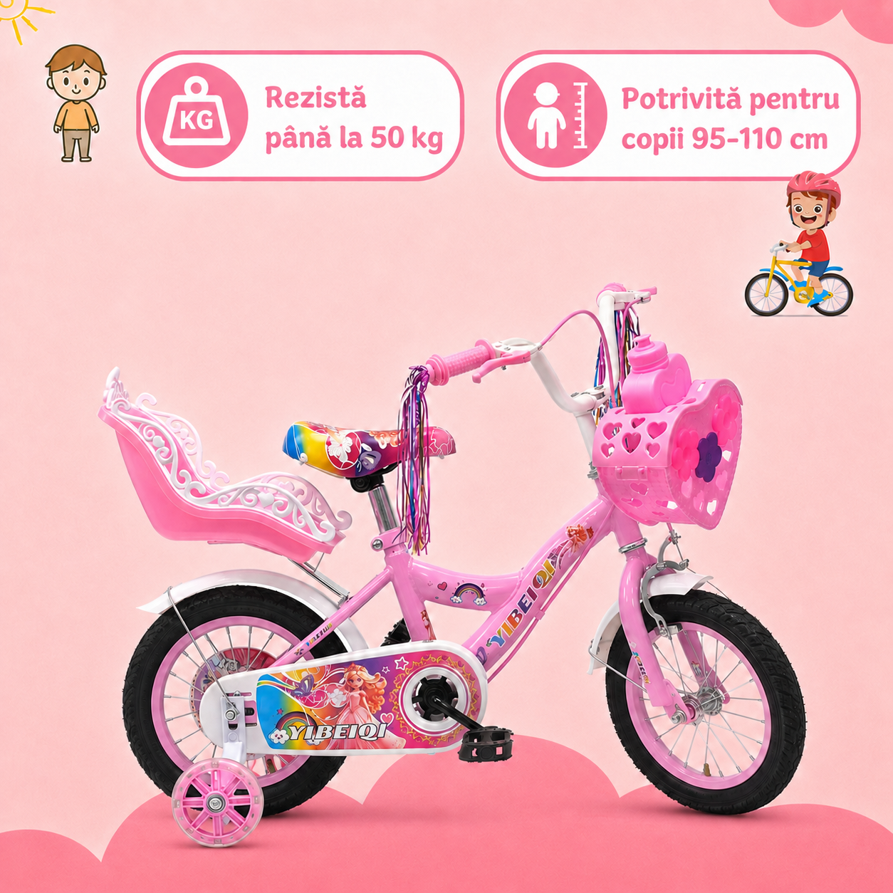 Bicicletă roz de 14 inch pentru copii de 95–110 cm, greutate maximă 50 kg