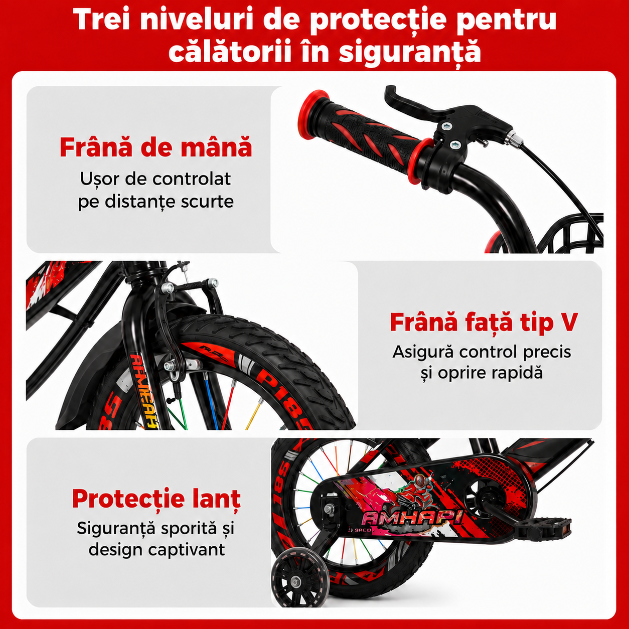 Bicicletă copii LUDIRO 16 inch, roți ajutătoare LED, coș frontal, roșu-negru | 4–8 Ani - LUDIRO
