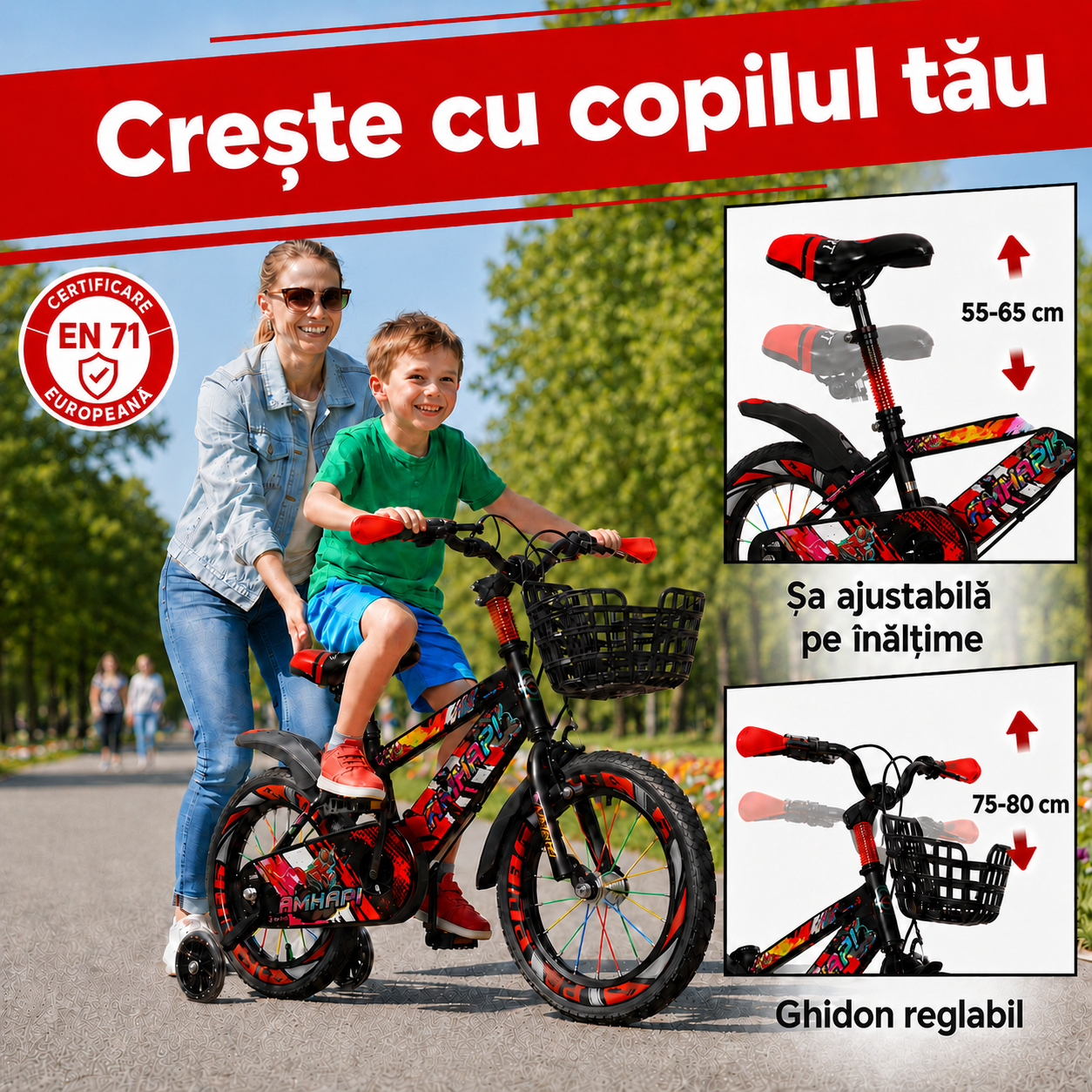 Bicicletă copii LUDIRO 16 inch, roți ajutătoare LED, coș frontal, roșu-negru | 4–8 Ani - LUDIRO