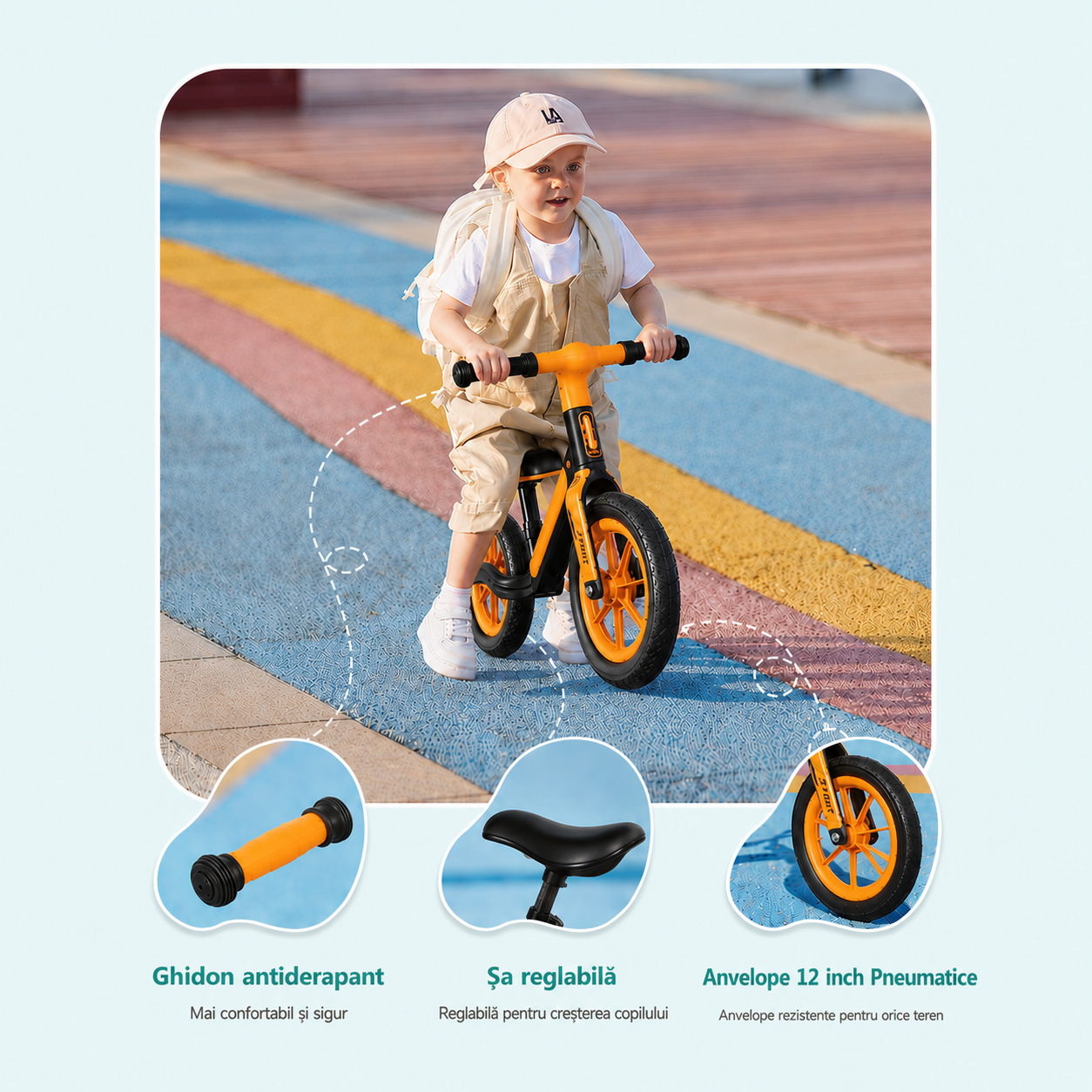 Bicicletă de echilibru Ludiro 12 inch portocaliu, cu lumini LED și sunete, 2-5 ani - LUDIRO