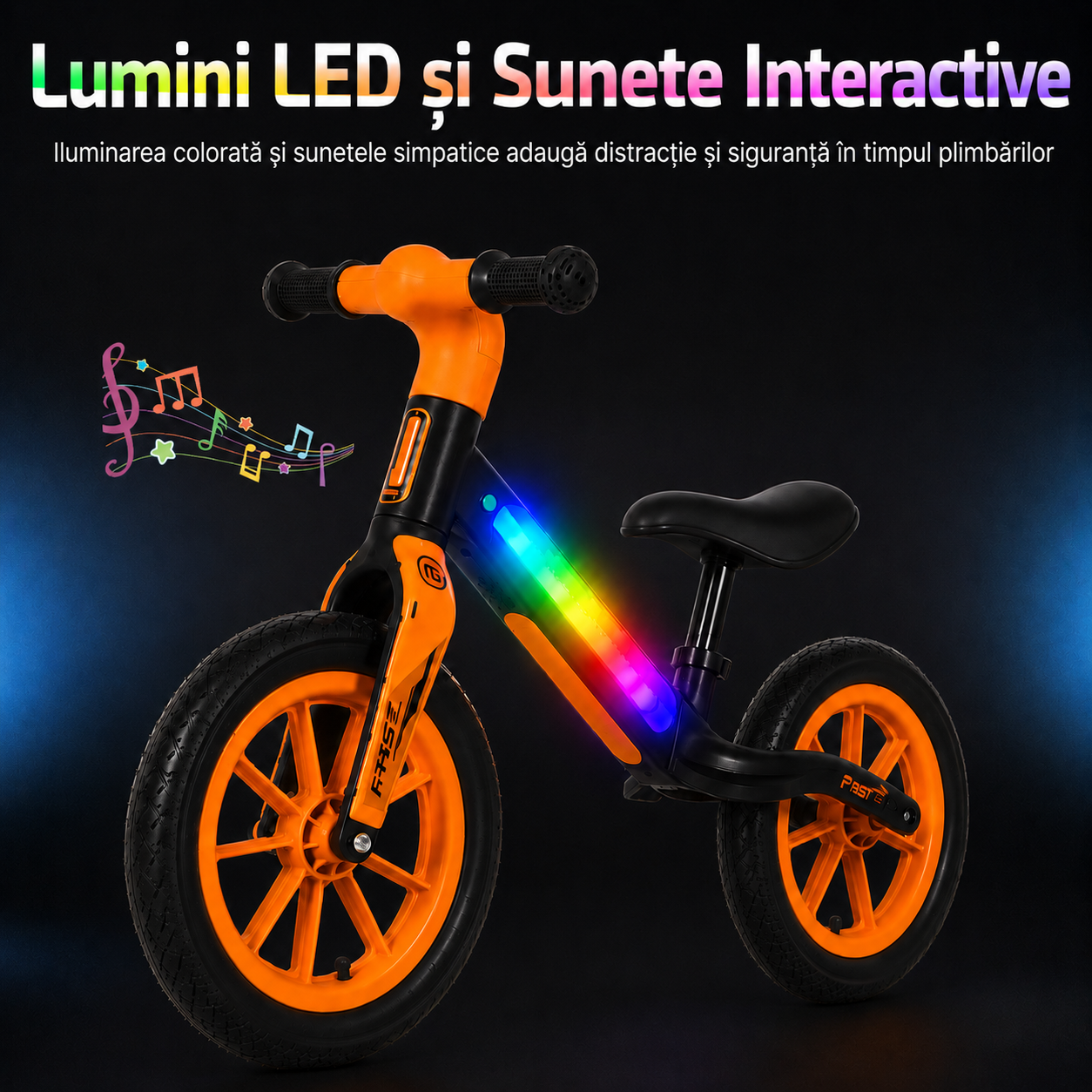 Bicicletă de echilibru Ludiro 12 inch portocaliu, cu lumini LED și sunete, 2-5 ani - LUDIRO