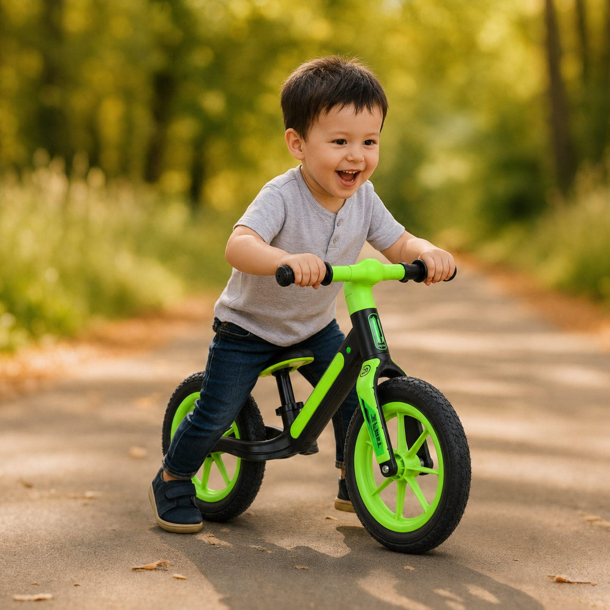 Bicicletă de echilibru Ludiro 12 inch verde, cu lumini LED și sunete, 2-5 ani - LUDIRO