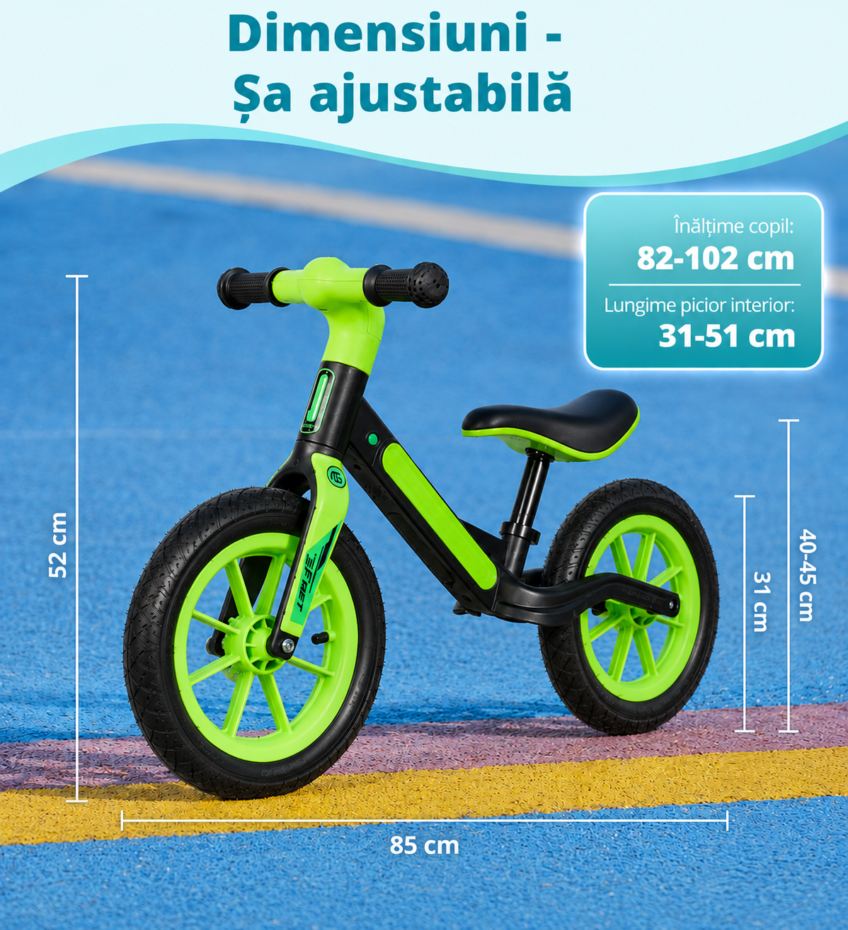 Bicicletă de echilibru Ludiro 12 inch verde, cu lumini LED și sunete, 2-5 ani - LUDIRO