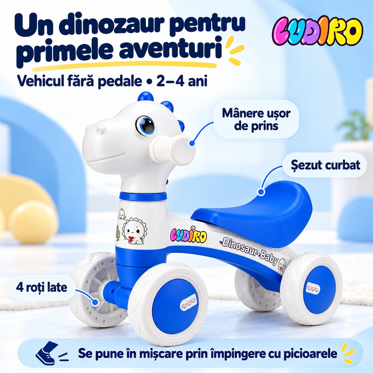Bicicleta Dinozaur LUDIRO cu mânere ușor de prins, șezut curbat și 4 roți late, fără pedale