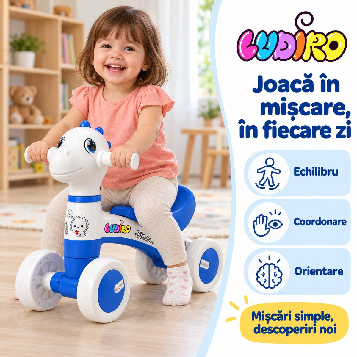 Fetiță pe bicicleta Dinozaur LUDIRO, cu iconițele Echilibru, Coordonare și Orientare