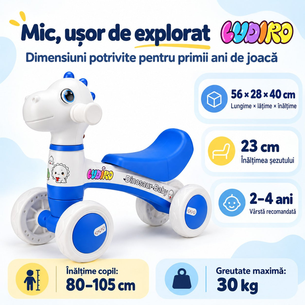 Dimensiunile bicicletei Dinozaur LUDIRO: 56 x 28 x 40 cm, șezut la 23 cm, copii de 80–105 cm, maximum 30 kg, produs resigilat