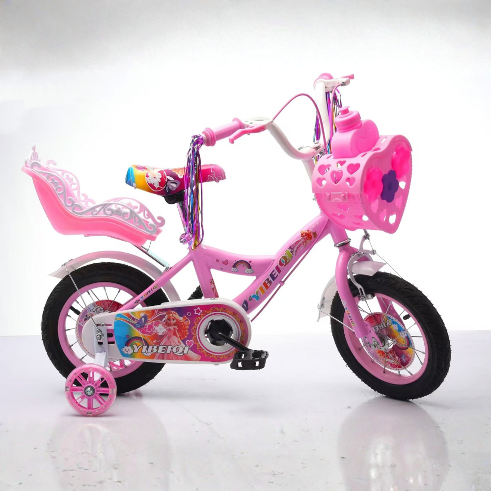 Bicicletă fete 12 inch LUDIRO roz cu roți ajutătoare, coș și scaun pentru păpușă