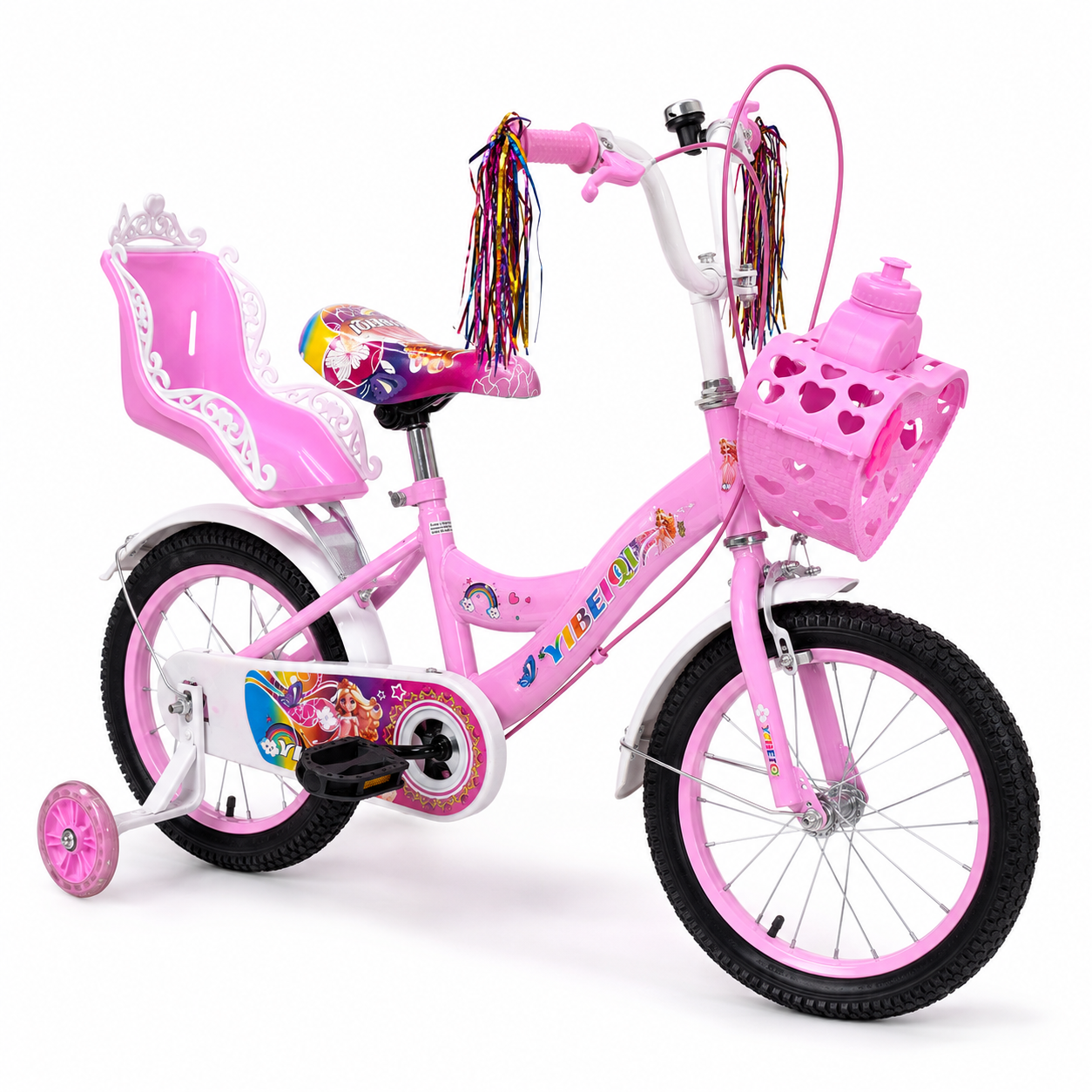 Bicicletă fete 16 inch LUDIRO roz cu roți ajutătoare, coș și scaun pentru păpușă