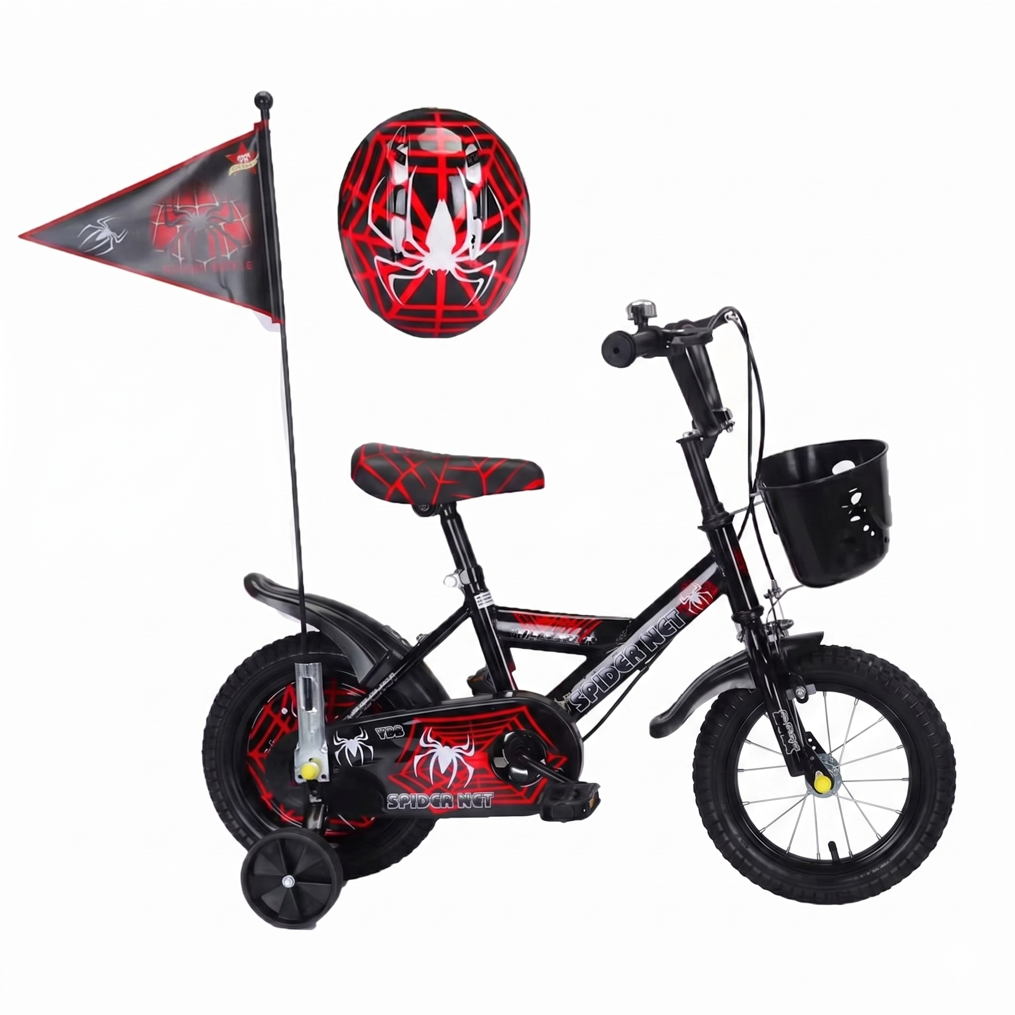 Bicicletă copii 14 inch LUDIRO Spider Net, negru-roșu, cu cască, steag, roți ajutătoare și coș frontal, 3-6 ani - LUDIRO