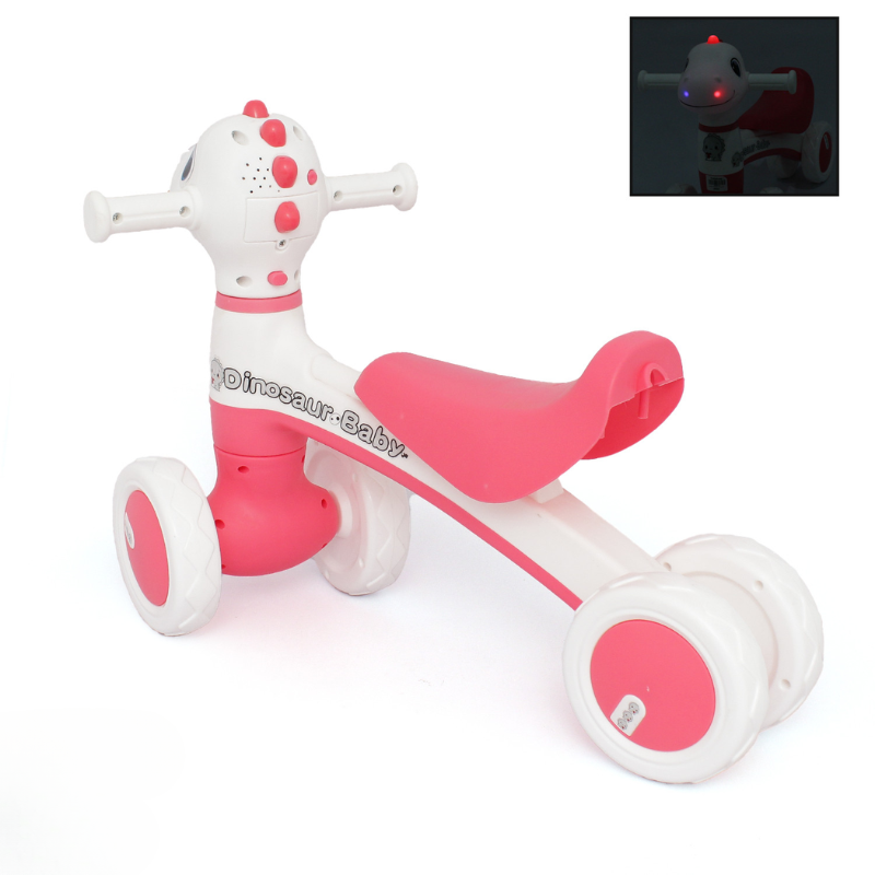 Bicicleta Dinozaur cu 4 Roti fara Pedale pentru Copii, Cu Structura Stabila, Functie cu Muzica si Lumini Interactive, 80 x 58 x 51 Cm, Roz - LUDIRO