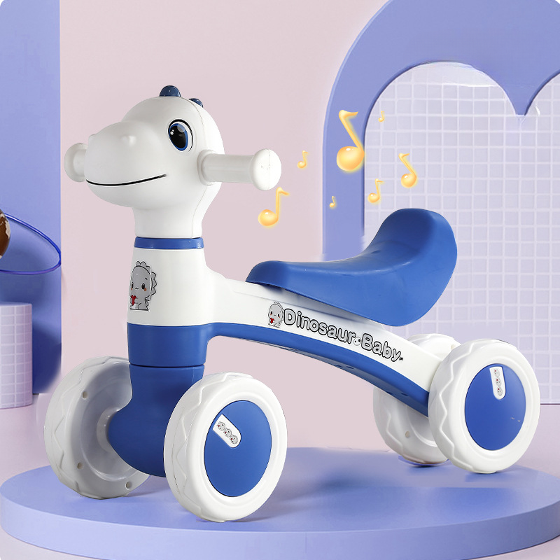 Bicicleta Dinozaur cu 4 Roti fara Pedale pentru Copii, Cu Structura Stabila, Functie cu Muzica si Lumini Interactive, 80 x 58 x 51 Cm, Albastru - LUDIRO