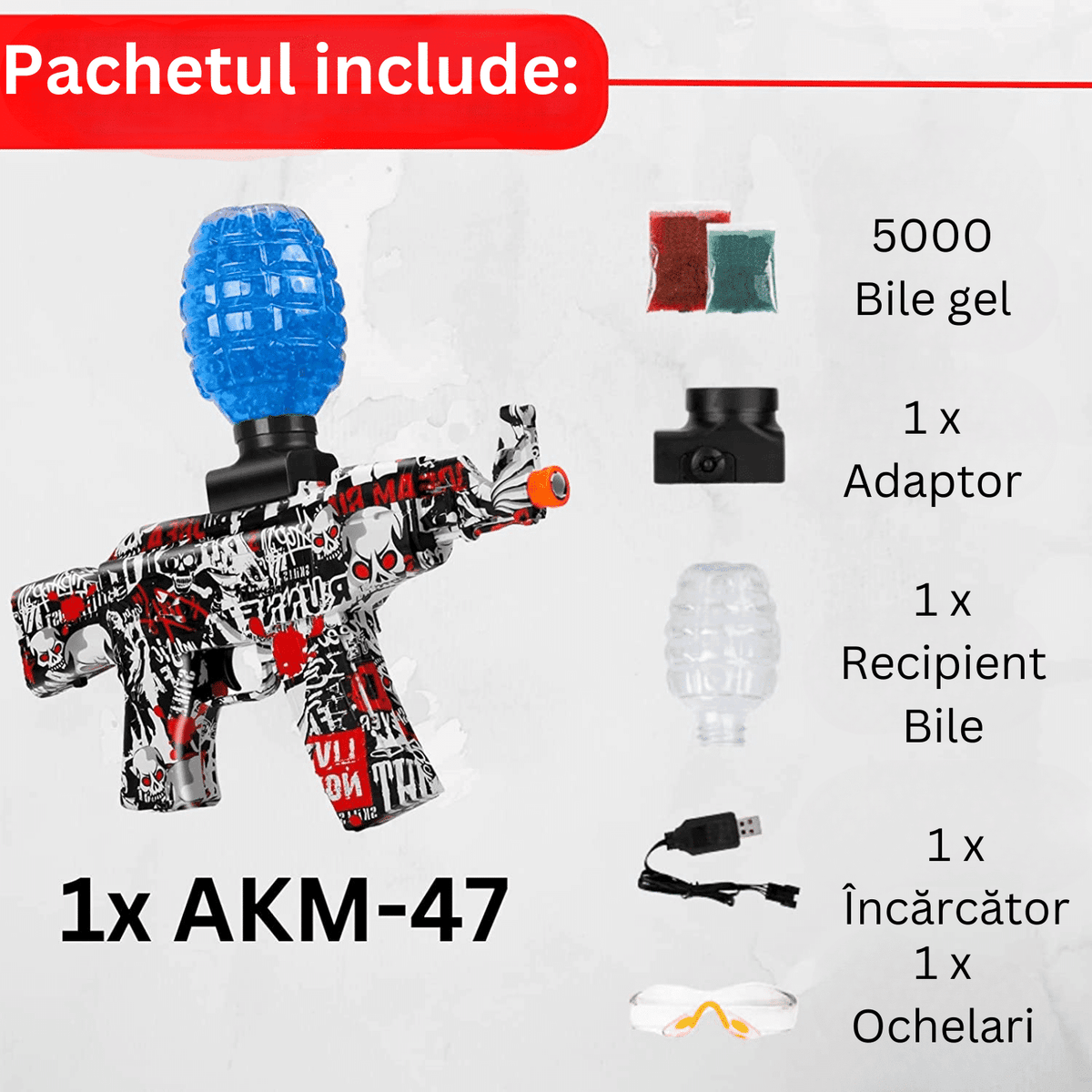 Conținutul pachetului roșu: blaster, 5000 bile de gel, recipient, adaptor, cablu USB și ochelari