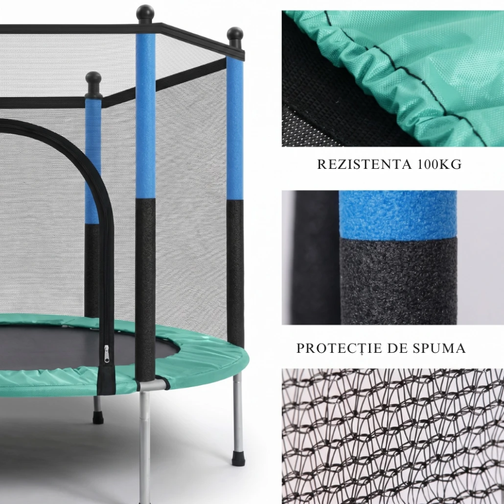 Trambulină pentru Copii 140 Cm cu Plasă de Protecție, Interior și Exterior, 1–6 ani, Montaj cu Buton de Blocare, Certificare de Siguranta, Verde Albastru - LUDIRO