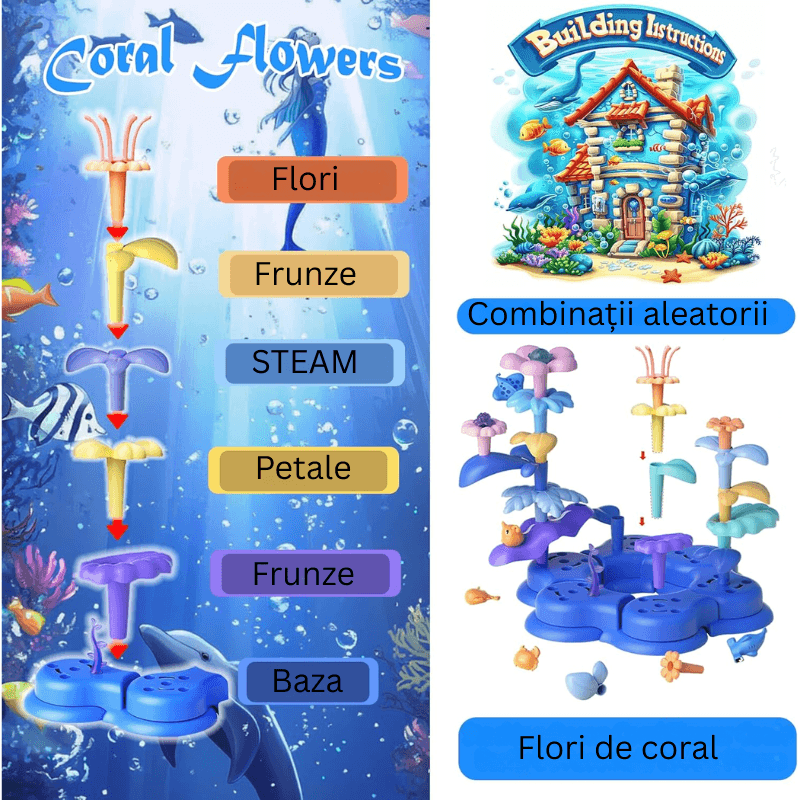 Set de Constructie Ludiro 136 Piese cu Corali si Pesti, Tema Marina, Baza Modulara, +3 Ani - LUDIRO