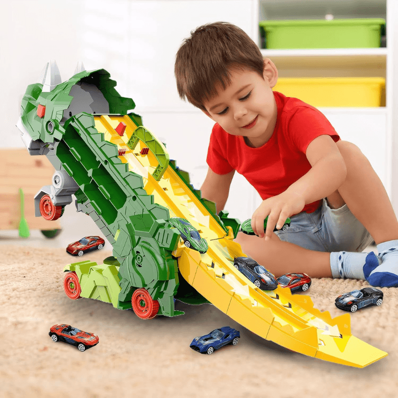 Resigilat - Set Multifunctional Dinozaur 2-in-1, Camion de Transport si Rampa de Lansare cu 6 Masinute, Distractie, Educatie si Dezvoltarea Creativitatii pentru Copii, + 3 Ani, Verde Portocaliu, Utility One - LUDIRO