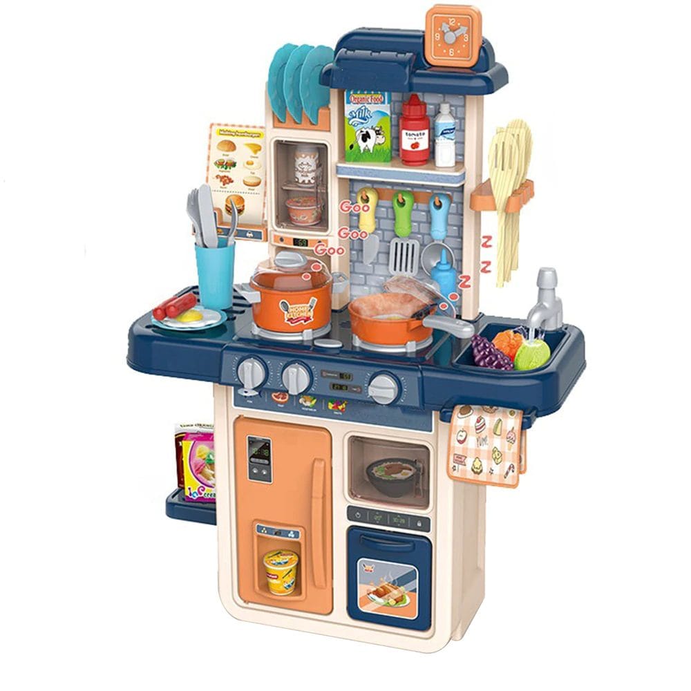 Resigilat - Set de Joaca Bucatarie Multifunctionala pentru Copii, 42 Piese, Lumini si Sunete Realiste, Aragaz, Cuptor, Chiuveta Functionala cu Apa, Bej Albastru, 63x47x23 Cm - LUDIRO