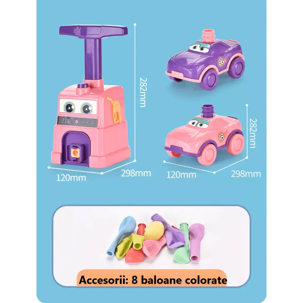 Set Interactiv Lansator Masinute cu Baloane, 2 Masinute, 8 Baloane Incluse, 29.8x28.2x12 Cm, Margini Rotunjite, Pompa Manuala, Inel de Etansare, Roz, + 3 Ani - LUDIRO