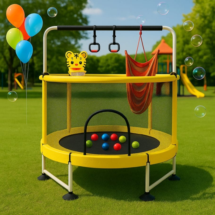 Trambulina pentru Copii LUDIRO, Diametru 140 Cm, Cu Plasa de Siguranta, Cos Baschet, Leagan Si Accesorii, Suporta 200 kg, Interior sau Exterior, Pentru Dezvoltarea Echilibrului, Galbena, + 3 Ani - LUDIRO