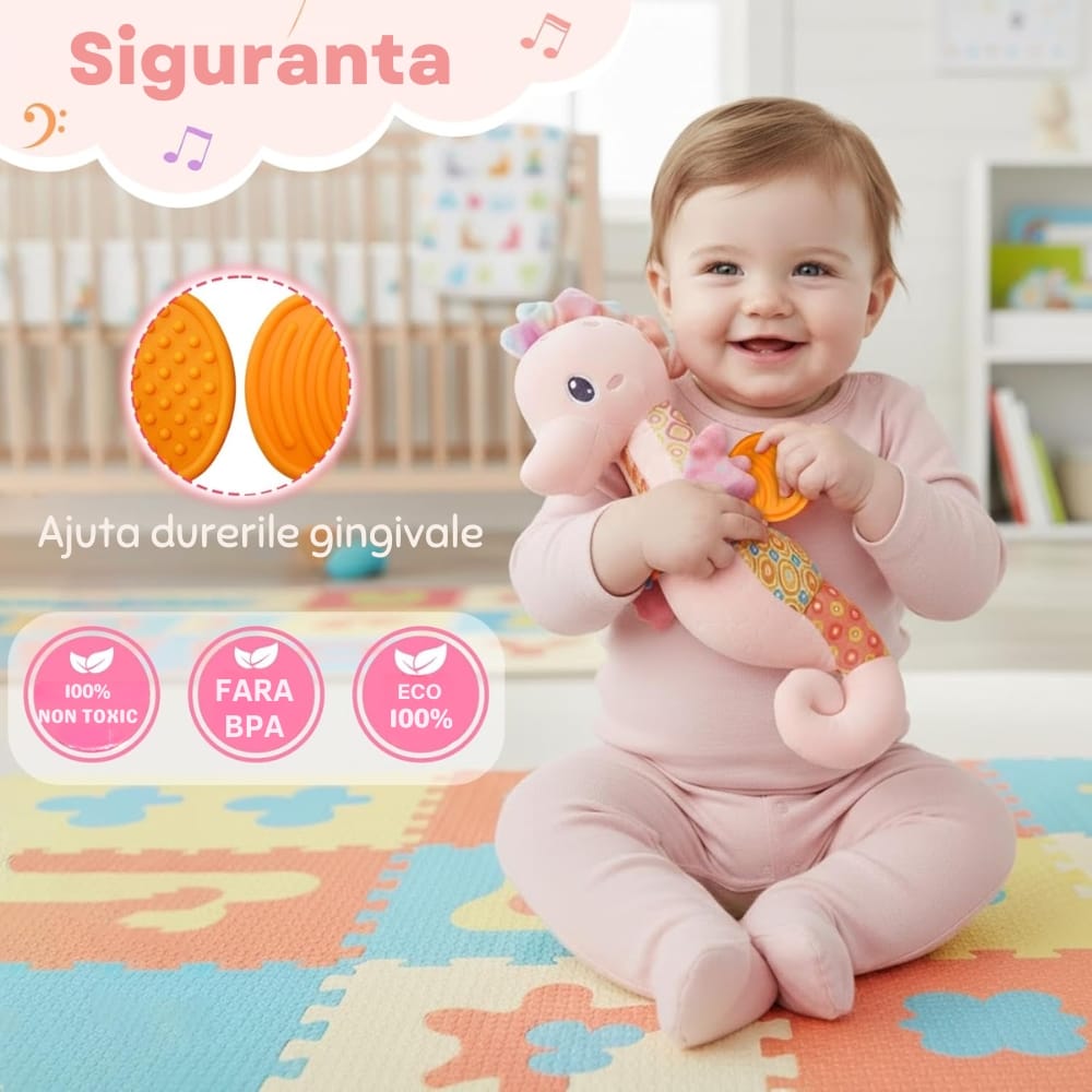 Detaliu al accesoriului texturat pentru dentiție al căluțului de mare roz