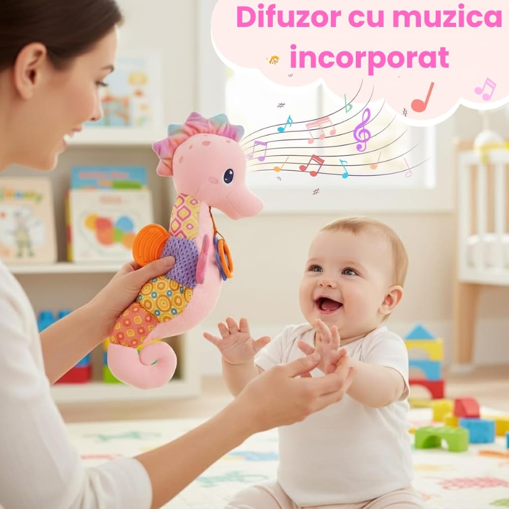 Părinte și bebeluș explorând căluțul de mare muzical roz
