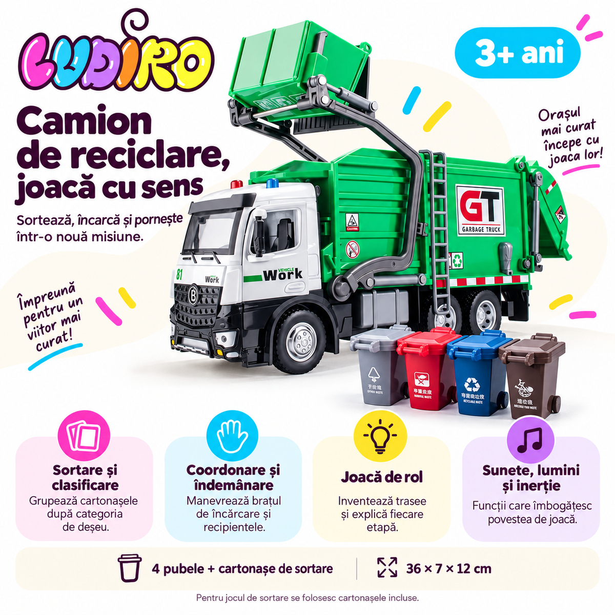 Camion de reciclare LUDIRO – sortare, coordonare, funcții, 4 pubele și dimensiuni, 3+ ani