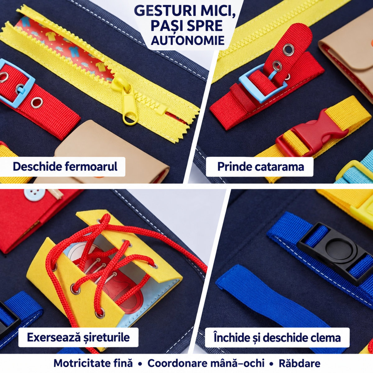 Exersarea fermoarului, cataramei, șireturilor și clemei pentru motricitate fină și autonomie.