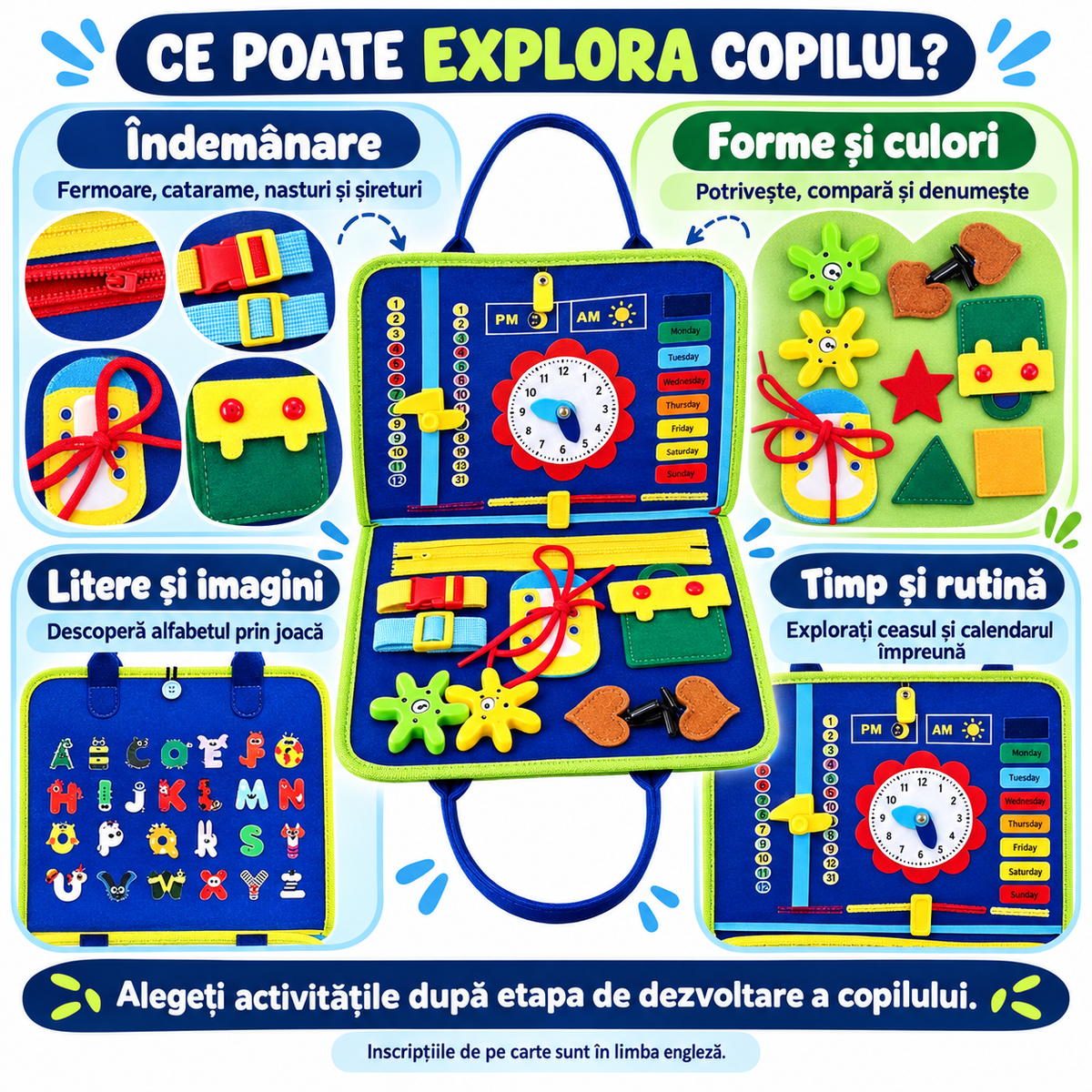 Funcțiile cărții senzoriale: îndemânare, forme și culori, litere și imagini, ceas și calendar.