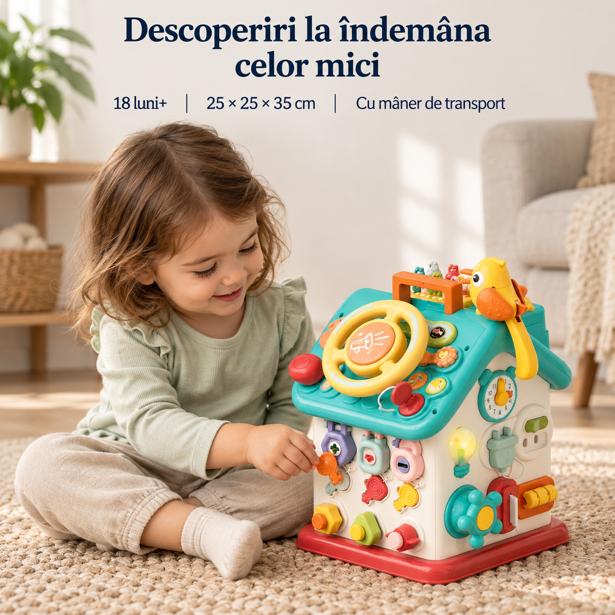 Căsuță interactivă LUDIRO în context de joacă, recomandată de la 18 luni, dimensiuni 25 × 25 × 35 cm