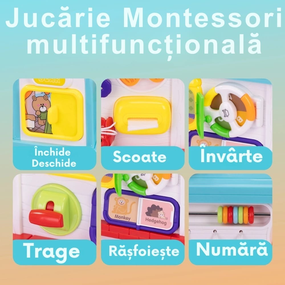 Activități Montessori pe căsuța LUDIRO: ferestre, cutie cu șervețele, volan, manetă, cartonașe și abac