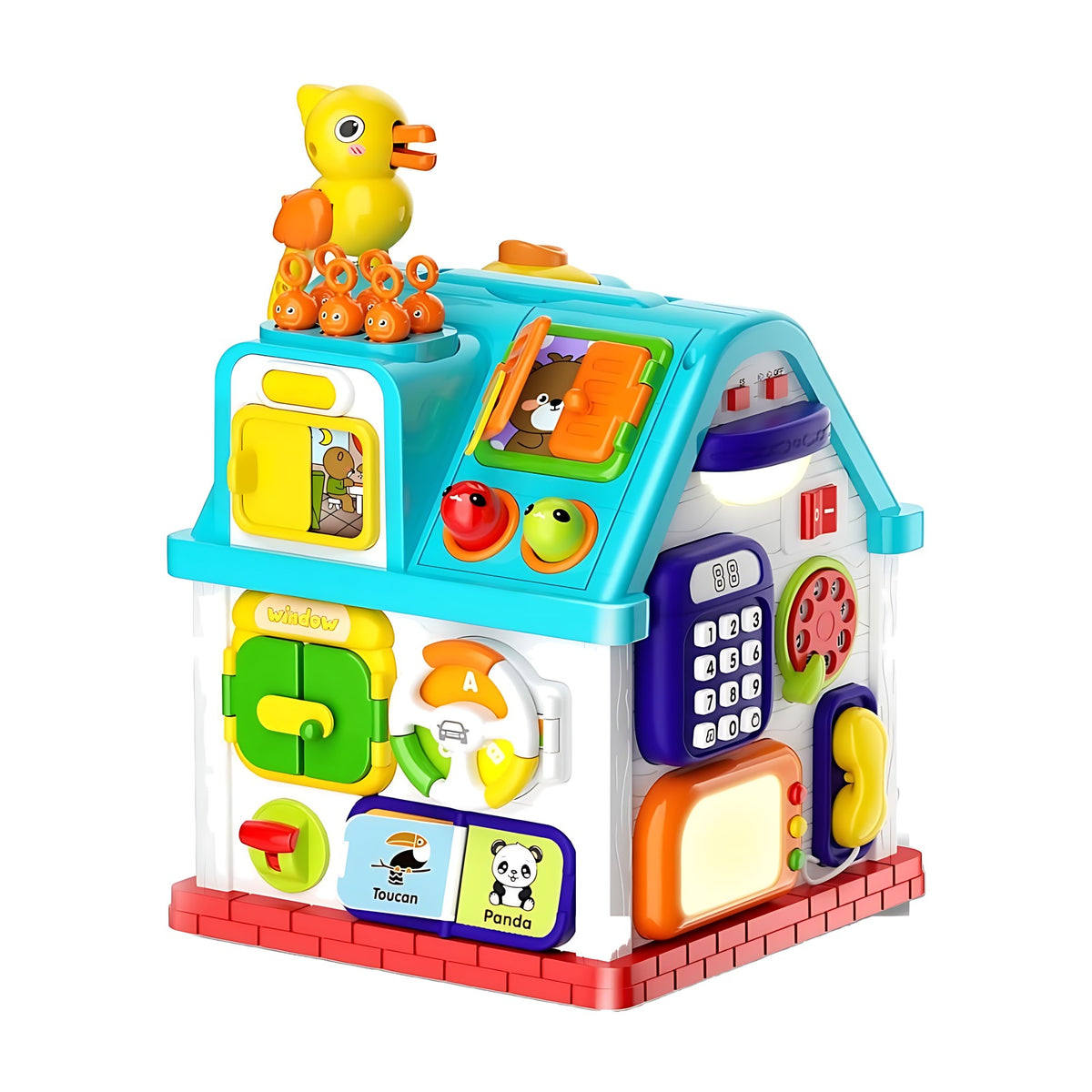 Căsuță de activități Montessori LUDIRO 20 în 1 cu ciocănitoare, telefon și lumini, pe fundal alb