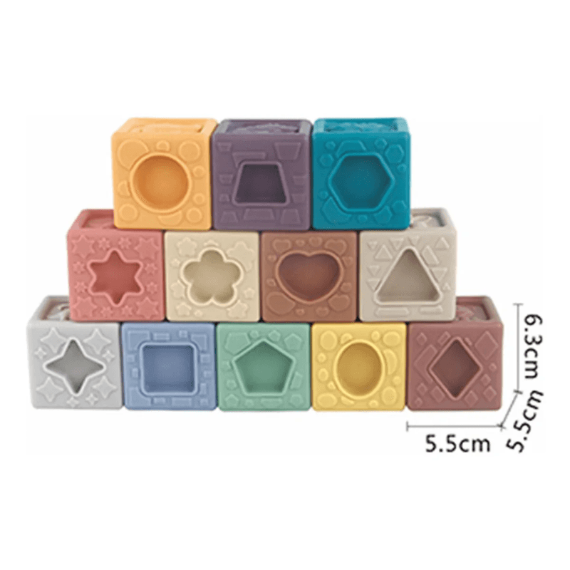 Set Educativ 12 Cuburi Senzoriale din Silicon Ludiro, Numere si Forme, Stivuire Bebelusi +6 Luni - LUDIRO