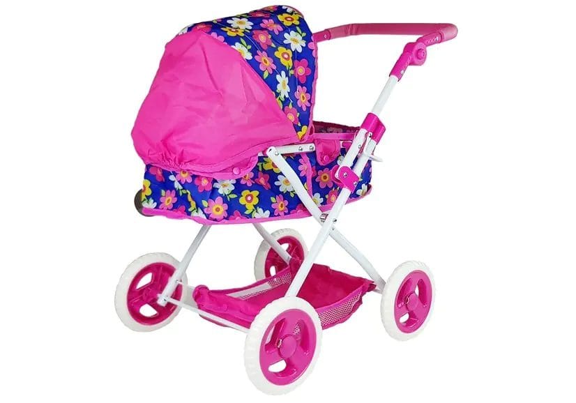 Carucior Landou pentru Papusi, Pliabil, Cu Maner Reglabil, Model Floral, Inaltime 65 Cm, Multicolor, + 3 Ani - LUDIRO