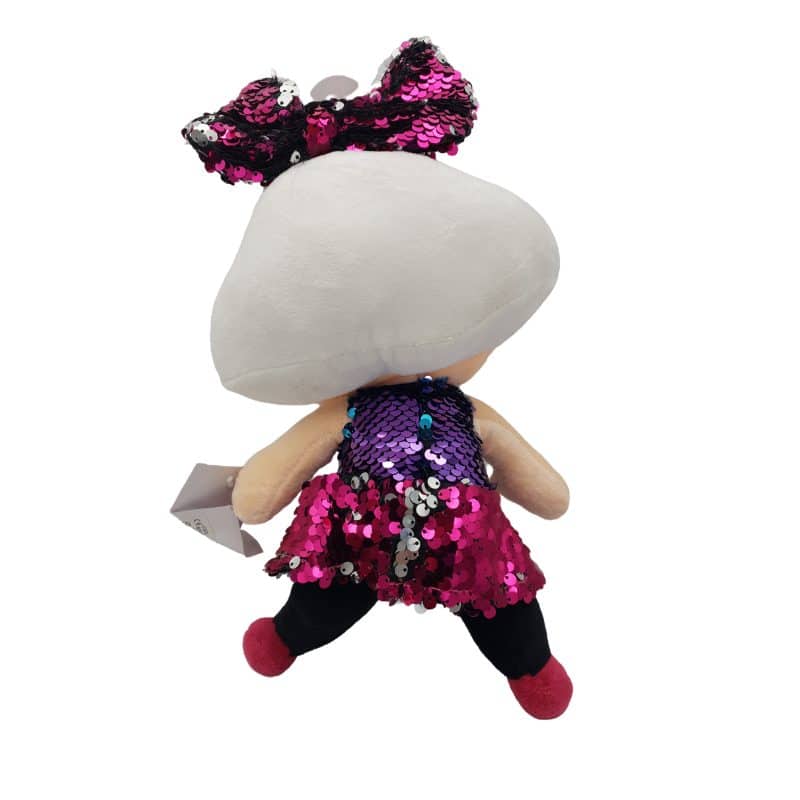Papusa de Plus cu Paiete, Cu Fundita si Rochita Lila, 27 cm, + 3 Ani - LUDIRO