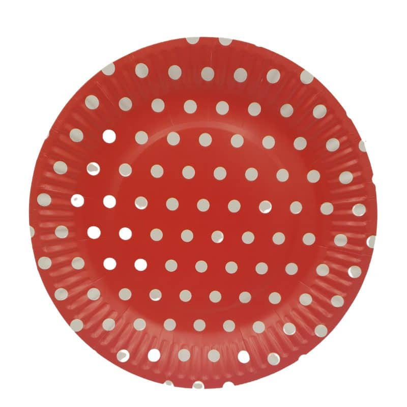Set 10 Farfurii din Carton, Rosu cu Buline albe, 18 cm - LUDIRO