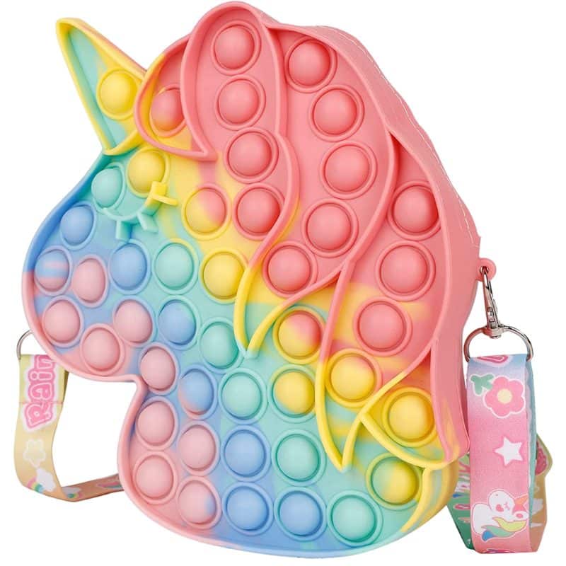 Jucarie Interactiva Antistres Tip Gentuta de Umar Pop IT NOW din Silicon, Cu Fermoar si Curea, Unicorn XXL, 23x19x5 cm, Multicolor, + 3 Ani - LUDIRO